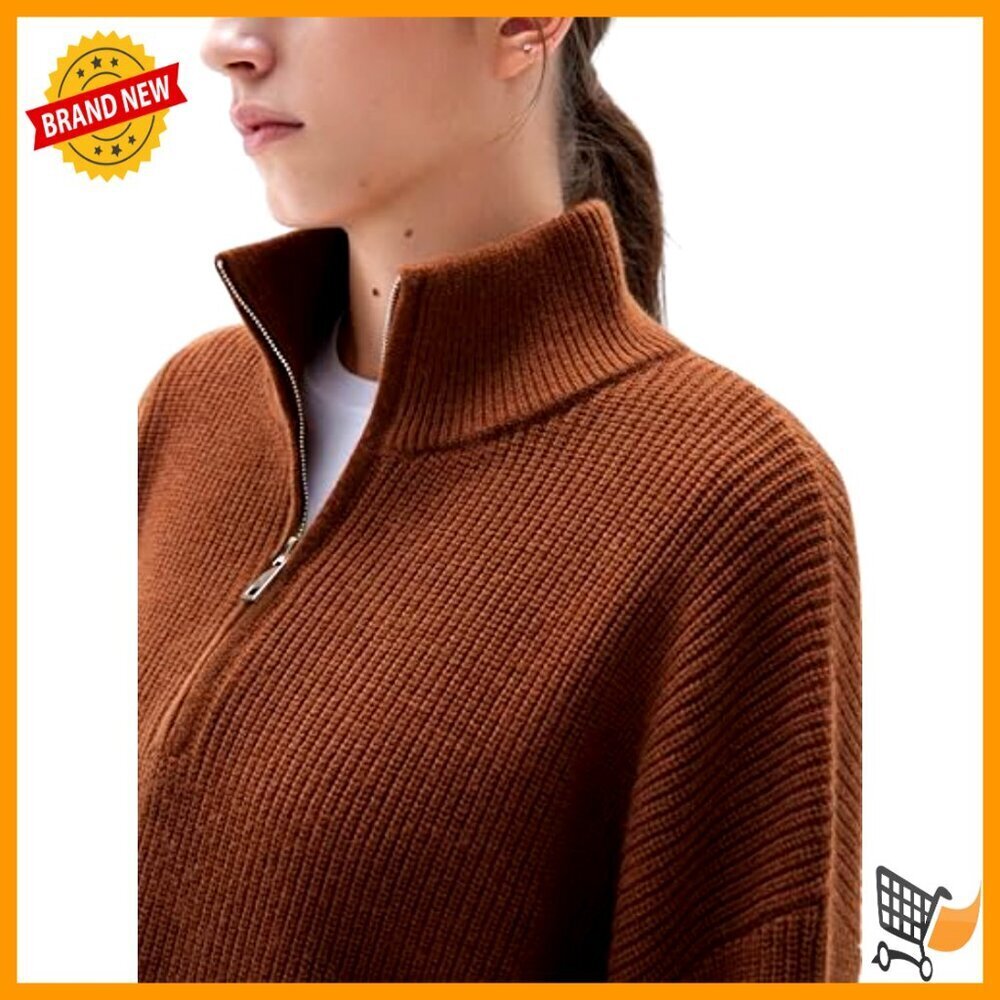 Oversized Cashmere Blend Quarter Zip Pullover Sweater Chunky Knit Cozy Minimal - Picture 4 of 7
